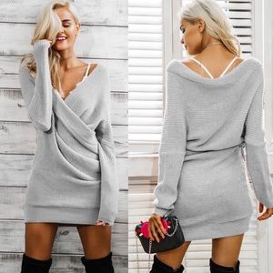 Deep V Long Sleeve Sweater Dress Grey S/M